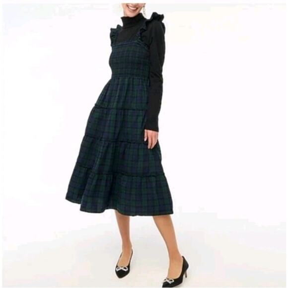 J Crew Tartan Plaid Smocked Womens MEDIUM Tiered $128 Dress Cotton Poplin - Picture 3 of 16